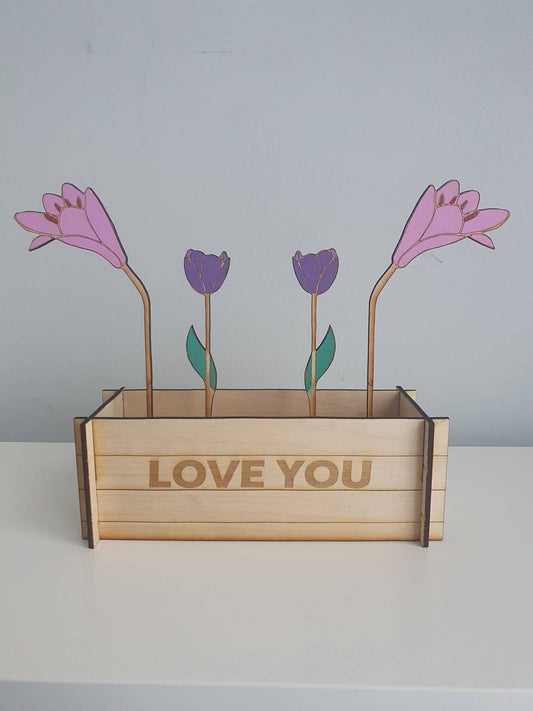 Customisable Tulip and Lilly wooden crate box flower display - cut from high quality 3mm birch and hand finished